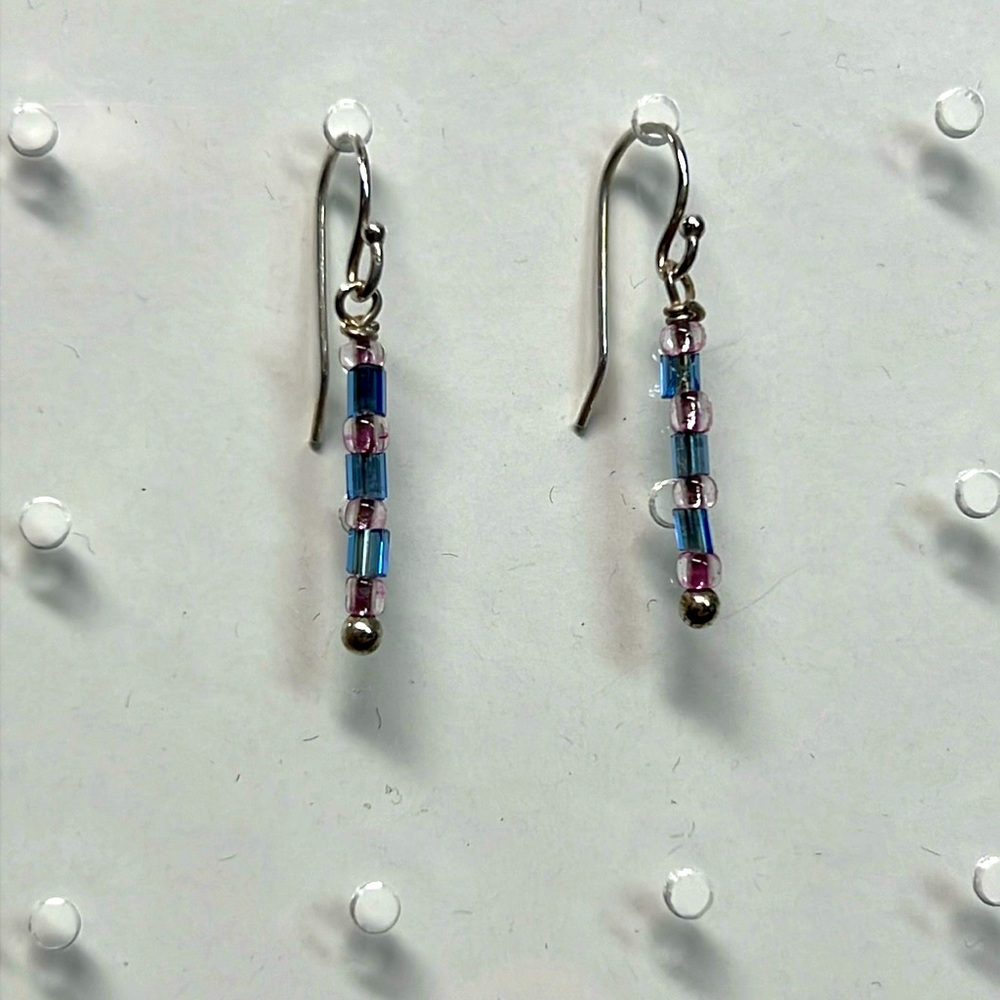 Sterling silver French hook petite dangle with blue and pink clear beads.